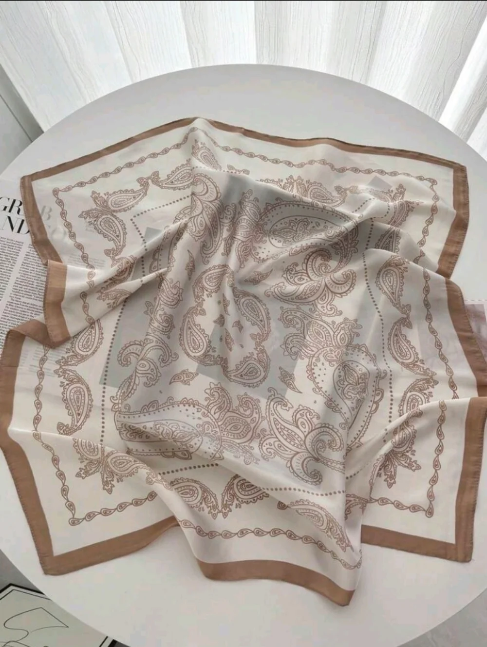 Brown Off-white Neutral Paisley Satin Scarf Beige Summer Beach Vacation Festival